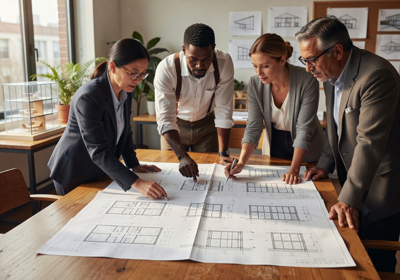 Architectural team reviewing glass house blueprints