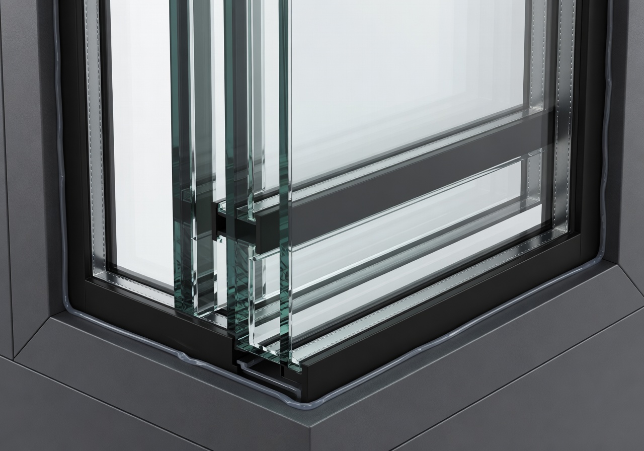 Insulated triple glazed glass panels detail