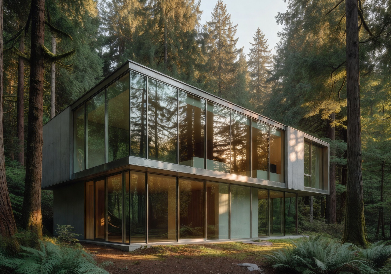 Modern glass house with panoramic windows surrounded by forest