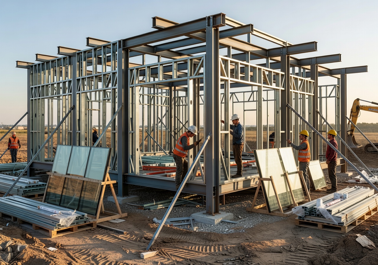 Steel frame construction on glass house build site